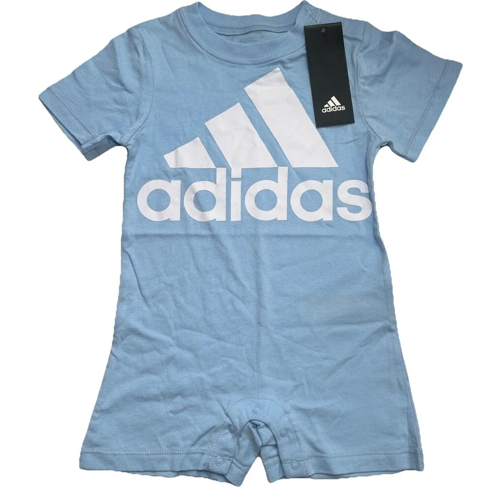 Adidas Logo Baby Boy 18 Month Romper Shortie Jumpsuit Light Blue Snaps